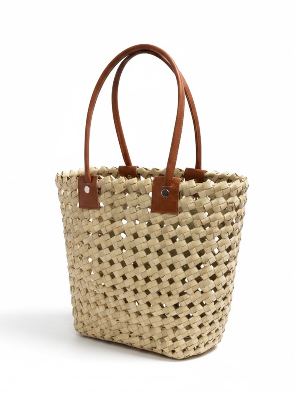 Woven Palm Leaf Tote Bag with Leather Handles - Ivory, Tan, Black - Picture 3 of 6